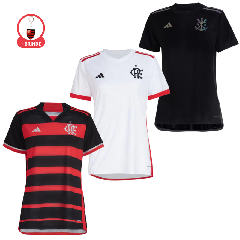Kit 3 Camisolas Flamengo 2024/24 Torcedor Feminina Titular, Reserva, Third + Brinde