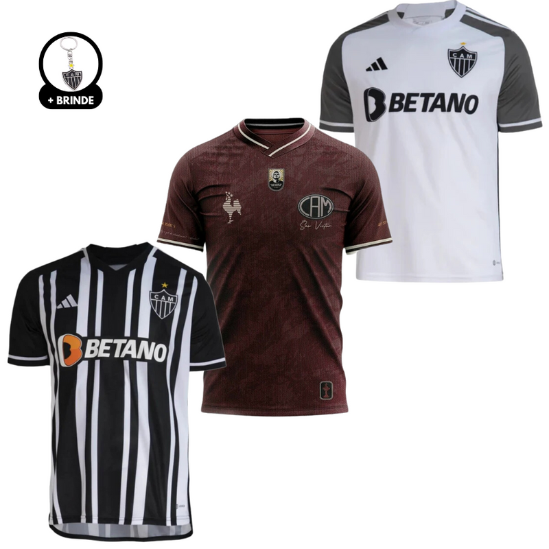 Kit 3 Camisetas Atlético Mineiro 2024/25 Afición Masculina Local, Reserva y Manto Massa + Regalo