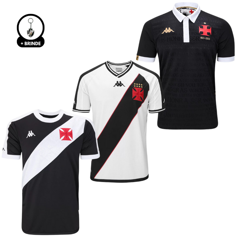 Kit 3 Camisetas Vasco da Gama 2024/25 Aficionado Masculino Local, Reserva y Tercer Uniforme + Regalo