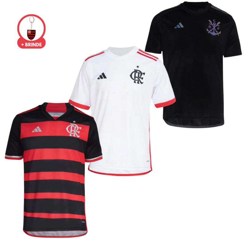 Kit 3 Camisetas Aficionado Flamengo 2024/24 Hombre Local, Reserva, Tercera + Regalo